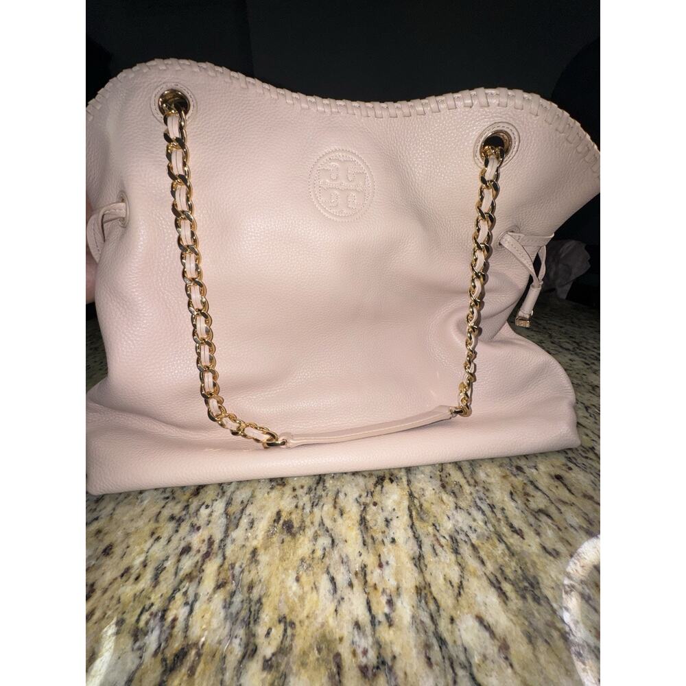 Tory Burch Marion Slouchy Tote Blush Pebbled Leather Chain Shoulder Bag LargeEUC - Picture 14 of 16